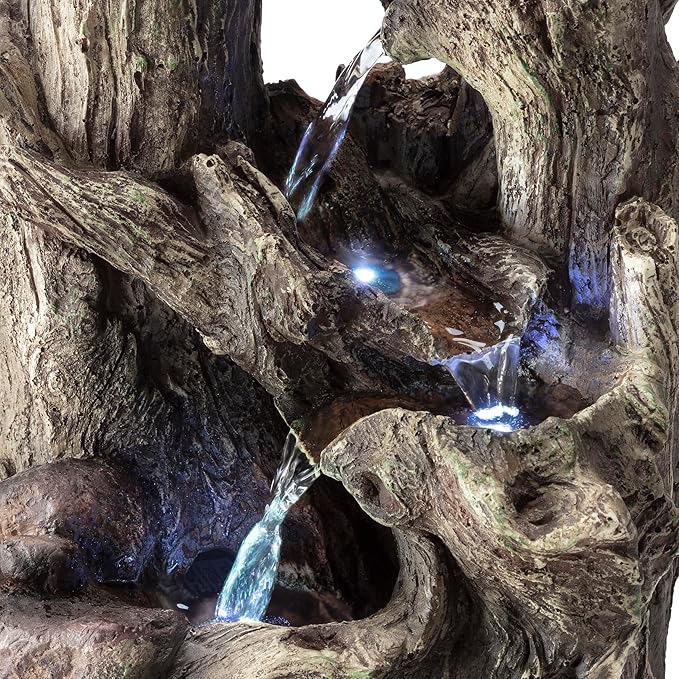 Alpine Corporation WIN786S Indoor 5 Tiered Rainforest Tree Trunk Tabletop Waterfall Fountain with LED Lights, 14" Tall, Brown - Bloomnest