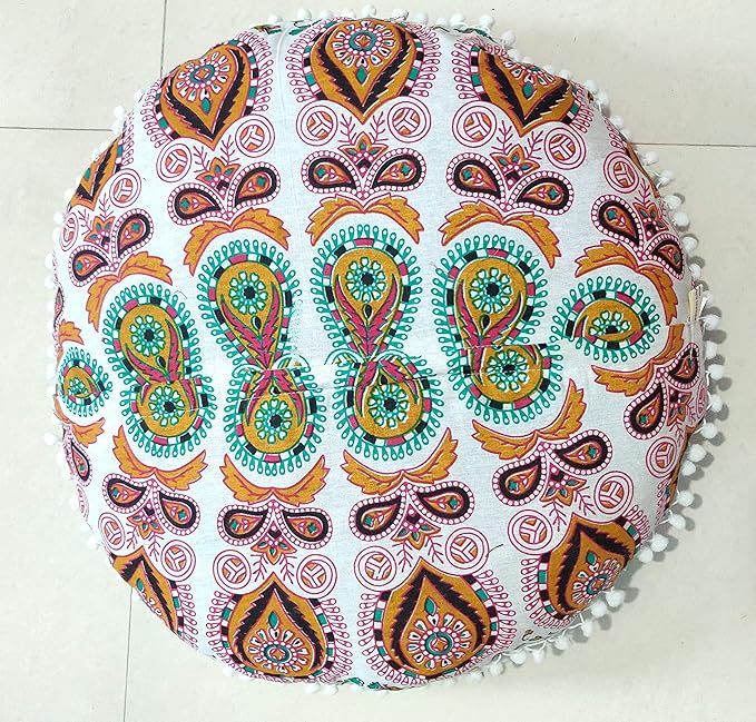 INDIAN CRAFT CASTLE 24" Musturd Peacock Mandala Barmeri Large Floor Pillow Cover Cushion Meditation Seating Ottoman Throw Cover Hippie Decorative Zipped Bohemian Pouf Ottoman Pom Pom Cases 24" Round - Bloomnest