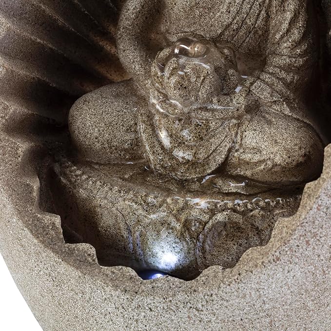 Alpine Corporation WIN322 Indoor/Outdoor Tabletop Buddha Fountain with LED Lights, Soothing Buddha Garden Fountain 11", Beige - Bloomnest