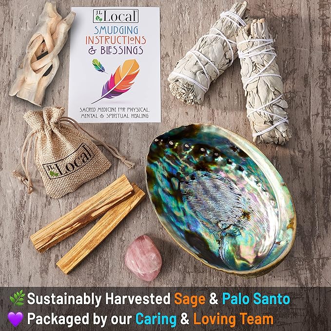 JL Local Perfect Unity Smudging Kit - 2 White Sage Smudge Sticks + 2 Palo Santo Sticks + Abalone Shell Bowl + Rose Quartz Crystal | Healing Incense for Cleansing, Blessing, Protection, Meditation JLLocal
