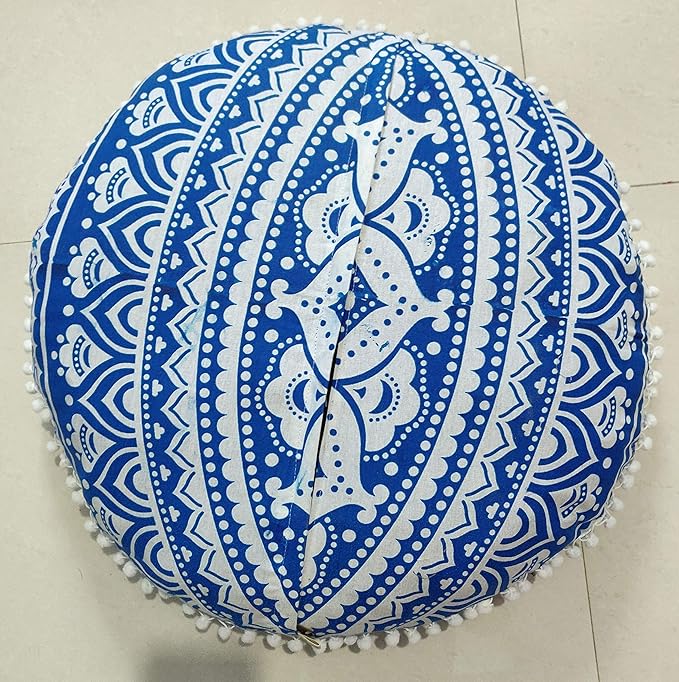 INDIAN CRAFT CASTLE 24" Blue Ombre Mandala Barmeri Large Floor Pillow Cover Cushion Meditation Seating Ottoman Throw Cover Hippie Decorative Zipped Bohemian Pouf Ottoman Pom Pom Cases 24" Round - Bloomnest