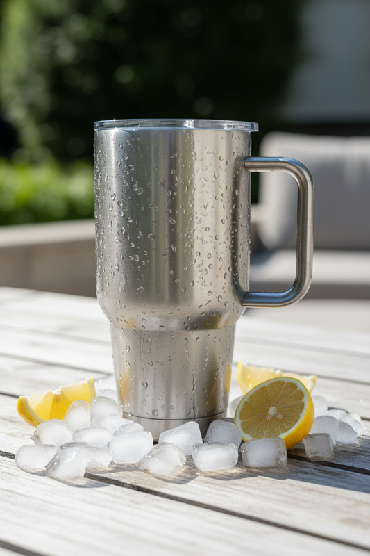Stainless steel insulated tumbler with handle on a sunny outdoor table with ice and lemon slices