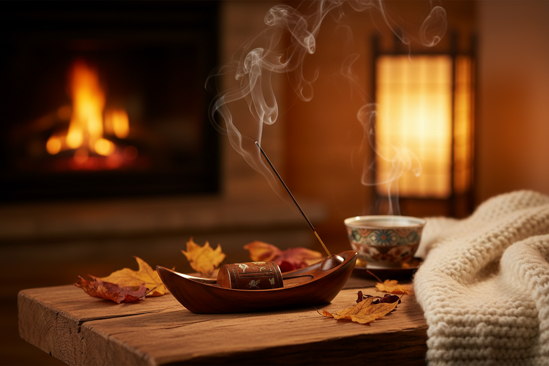 Japanese-style boat incense holder with burning incense on a wooden table in a cozy fall living room