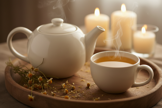 Chamomile herbal tea in a ceramic cup for stress relief and better sleep at home