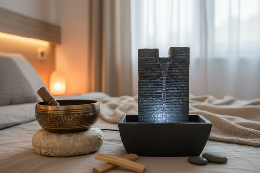 A hand-crafted bronze singing bowl on a cushion next to a minimalist stone desk fountain with flowing water in a warmly lit, serene bedroom.