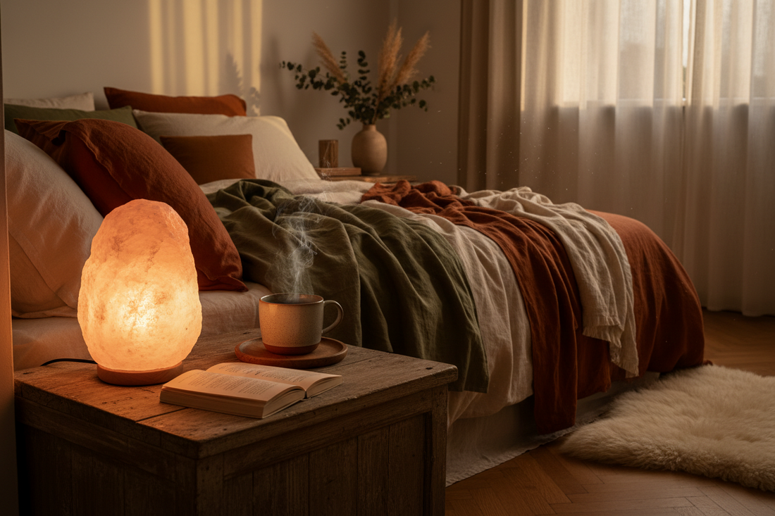 Best Himalayan salt lamp for bedroom ambiance — warm amber glow on a wooden nightstand for a cozy fall sleep environment