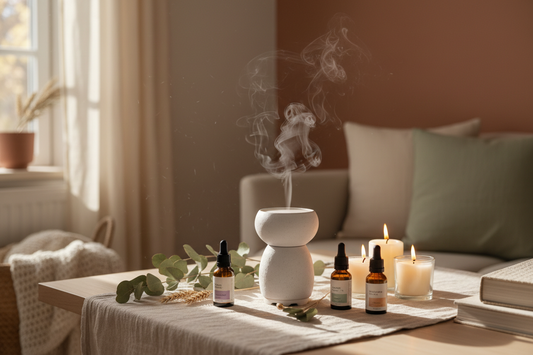 Essential oil diffuser with amber bottles and dried eucalyptus on a cozy fall home shelf