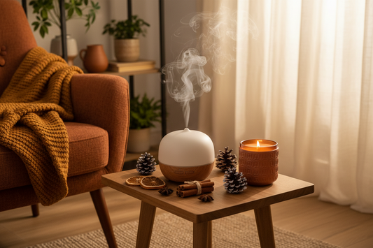 Best fall diffuser oils for home — cozy autumn aromatherapy setup with ultrasonic diffuser, pine cones, and cinnamon sticks