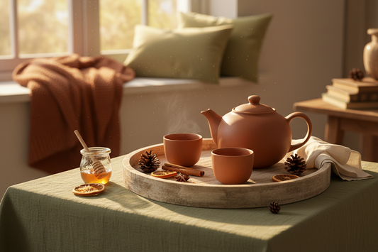 Best tea pot sets for fall hosting — ceramic tea pot with autumn accents on a wooden tray for cozy home entertaining