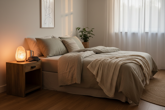 Warm bedroom sleep sanctuary with salt lamp and sleep mask — Bloomnest bedroom wellness guide