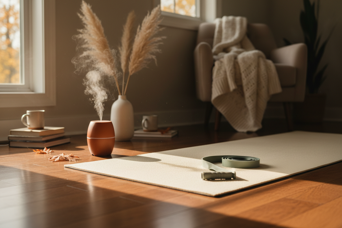 Yoga mat and stretching band on a hardwood floor in a cozy fall home wellness setup with diffuser and natural light