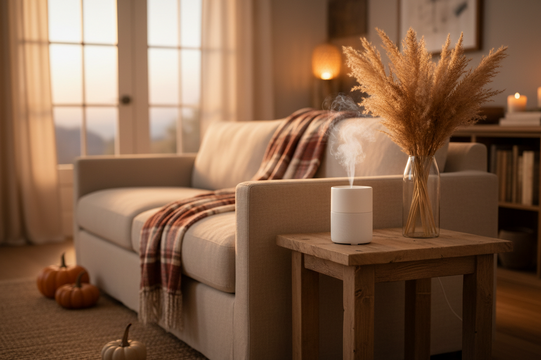 Fall aromatherapy setup with essential oil diffuser in a cozy home living room