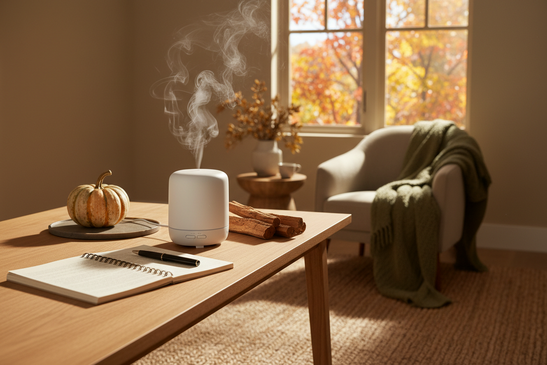 Cozy home office with fall diffuser and autumn decor for focus and productivity