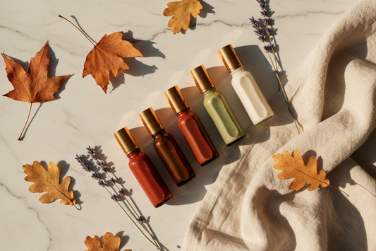 Essential oil roll-on bottles with autumn leaves and lavender for fall skin care and stress relief