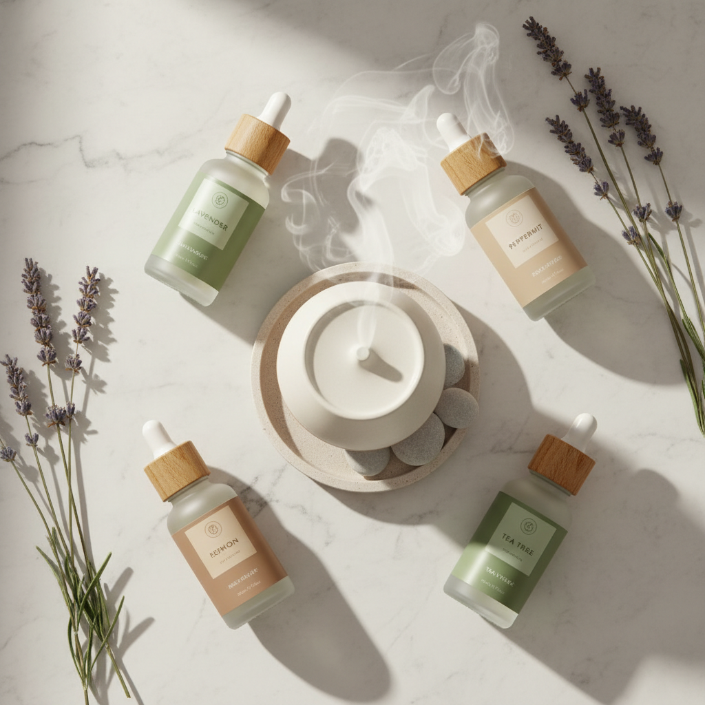 Essential oil bottles and ceramic diffuser on marble surface — Bloomnest aromatherapy guide