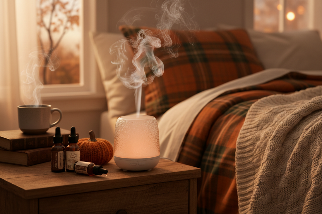 Glass aromatherapy diffuser for better sleep on a bedroom nightstand in autumn evening setting