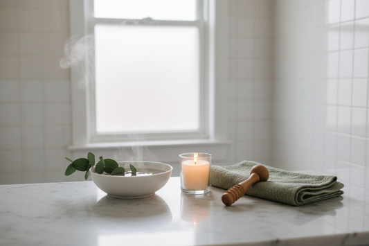 At-home spa setup with eucalyptus, candle and massage roller on marble — Bloomnest self-care guide