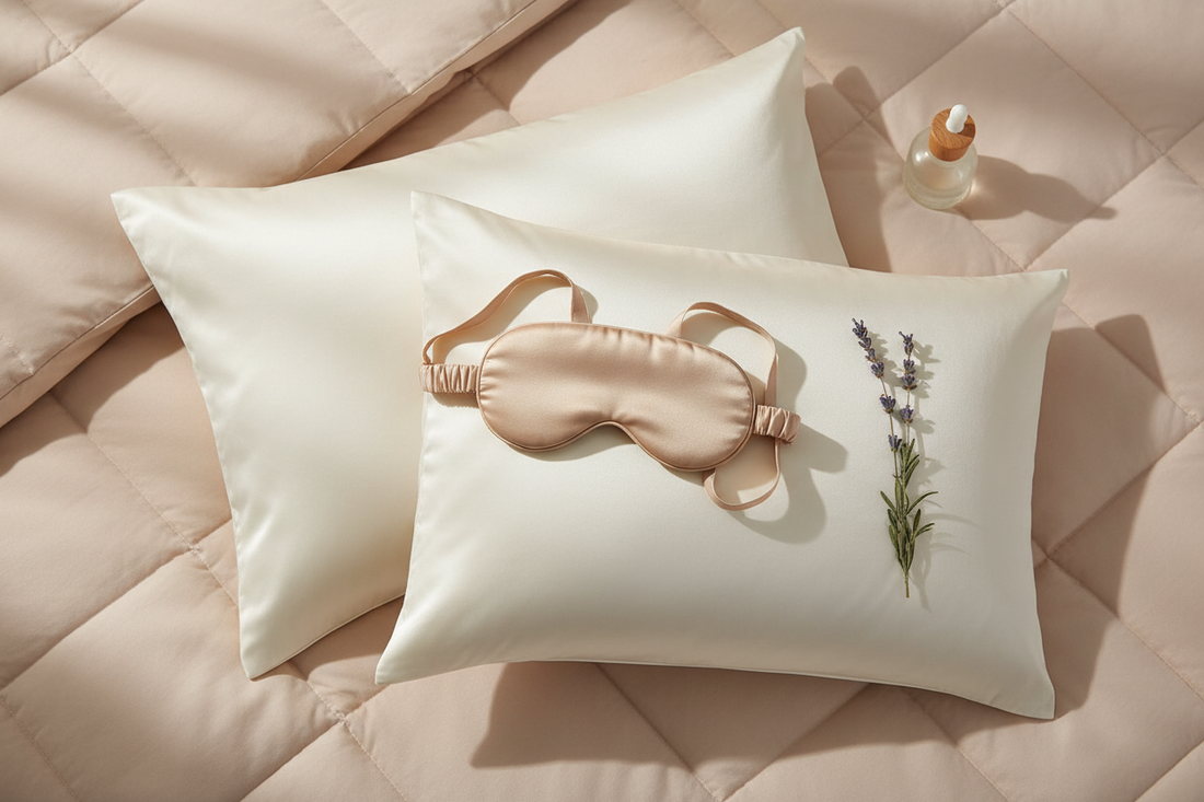 Satin pillowcases and silk sleep mask on a neatly made bed — Bloomnest bedding guide for better sleep quality
