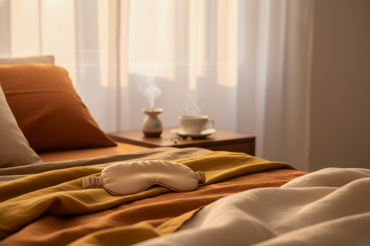 Silk sleep mask on autumn linen bedding with warm morning light in a cozy fall bedroom