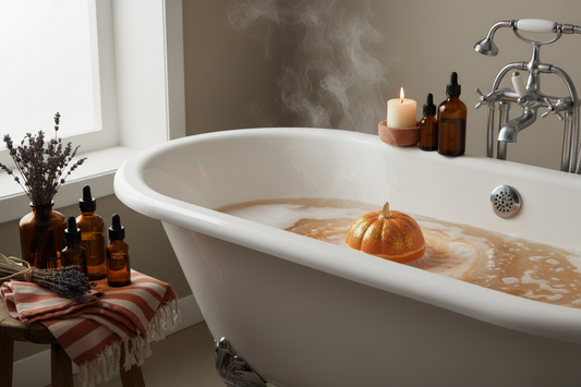 Bath bomb dissolving in a warm fall bath surrounded by essential oils, lavender, and candles for stress relief