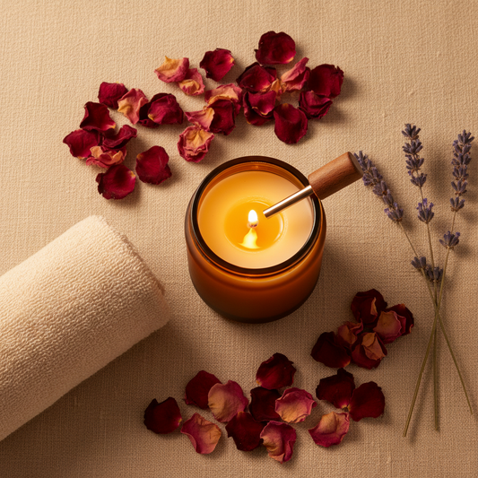 Massage candle in glass jar with pour spout surrounded by rose petals and lavender for at-home relaxation and skin care