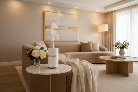 Luxury hotel scent diffuser on marble table in an elegant home living room