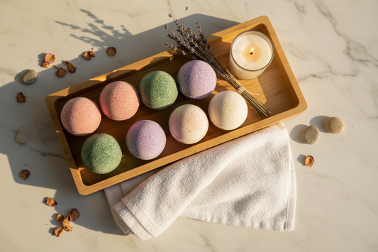 Colorful bath bombs arranged on a marble surface with a candle, lavender, and linen towel for a fall home spa ritual