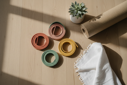 Colorful resistance bands on a wooden floor beside a yoga mat and plant for a home stretching and flexibility routine