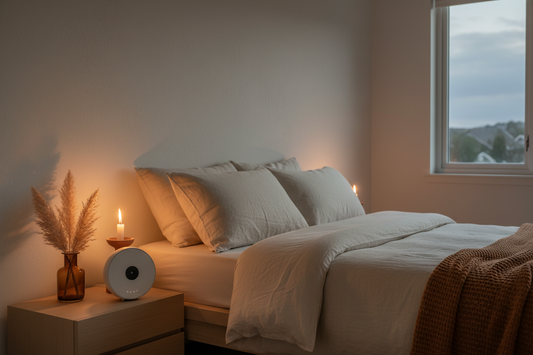 White noise machine on a wooden nightstand in a cozy fall bedroom with warm candlelight and linen bedding
