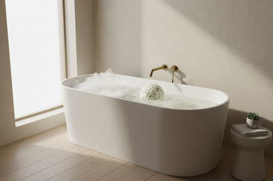 A minimalist organic bath bomb dissolving gently in a modern bathtub under natural light, by Bloomnest.