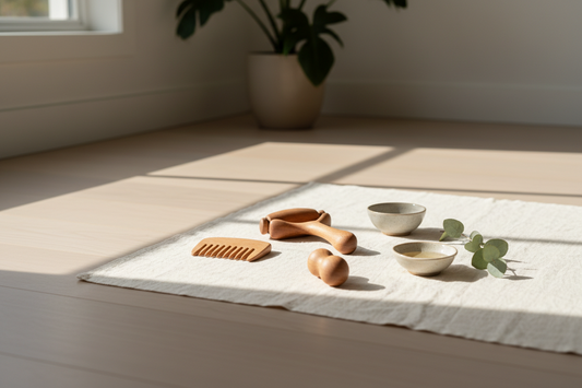 Minimalist wooden massage tools resting on a clean linen mat under soft morning sunlight, by Bloomnest.
