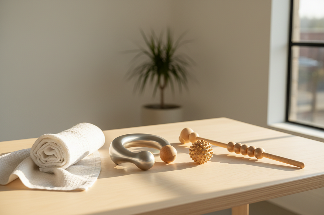 Minimalist ergonomic massage tools on a light wooden desk with a soft linen towel under warm afternoon sunlight, by Bloomnest.