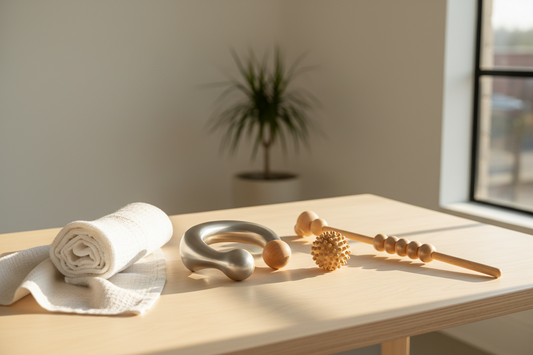 Minimalist ergonomic massage tools on a light wooden desk with a soft linen towel under warm afternoon sunlight, by Bloomnest.