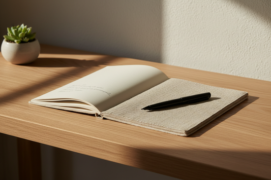 A minimalist open linen journal on a wooden desk with soft morning sunlight, by Bloomnest.