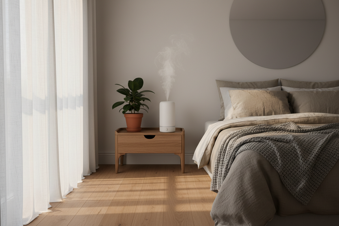 A beautiful aroma diffuser creating a peaceful and restorative sleeping environment, by Bloomnest.