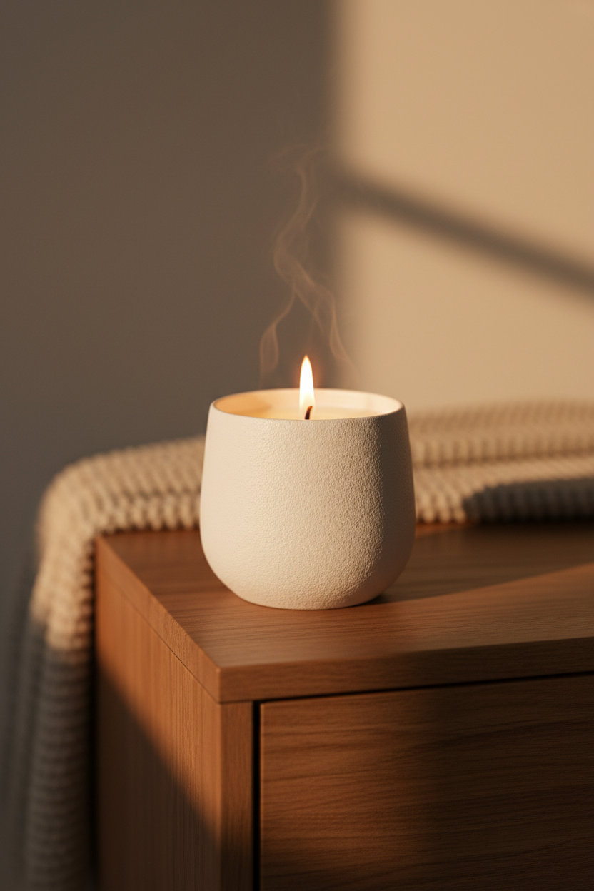 A minimalist burning soy wax candle casting a warm ambient golden glow on a rustic wooden nightstand, by Bloomnest.