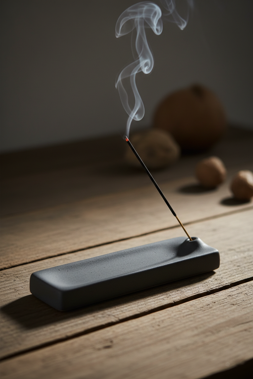 A minimalist dark grey ceramic incense holder on a wooden table emitting elegant smoke under moody warm light, by Bloomnest.