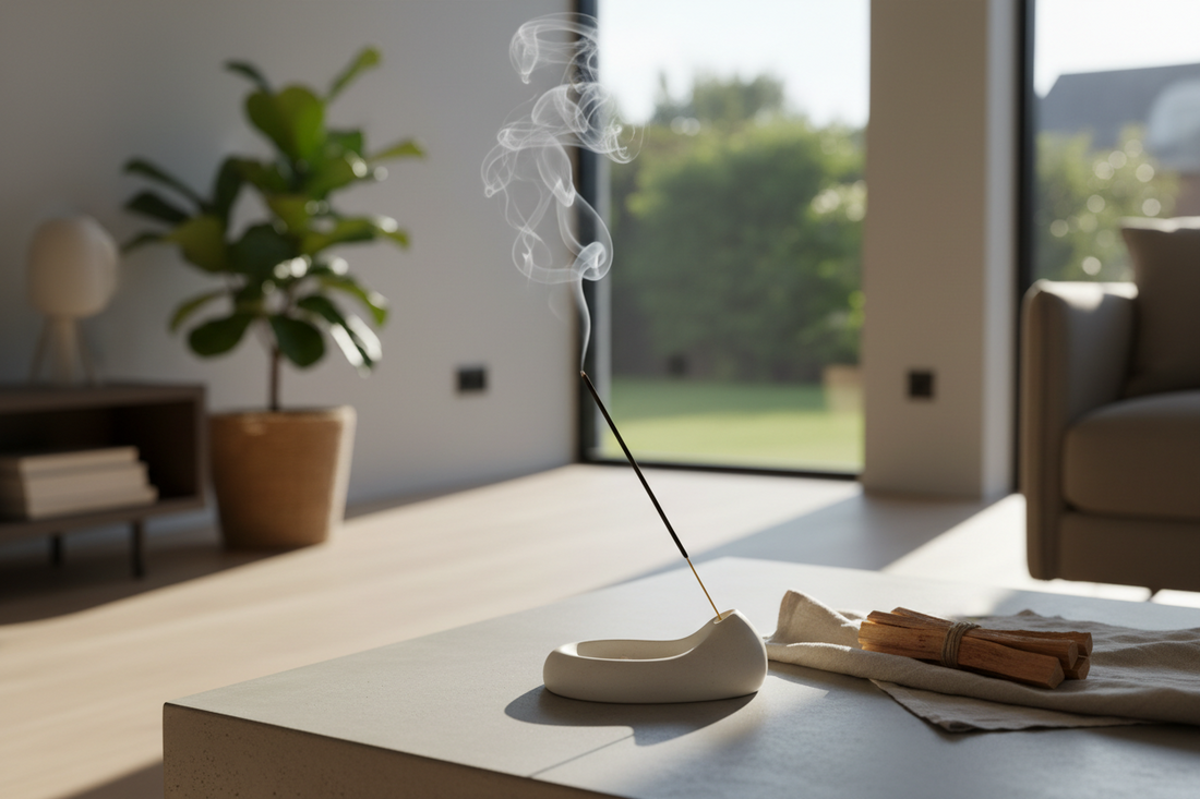 A minimalist ceramic incense holder with a burning natural incense stick emitting a gentle wisp of smoke on a beige cloth in a sunlit room.