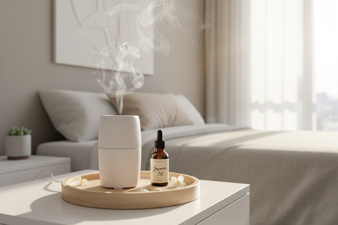 A minimalist white ceramic aroma diffuser emitting a fine mist next to an amber glass bottle of jasmine essential oil on a wooden tray in a sunlit bedroom.