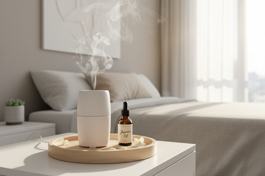 A minimalist white ceramic aroma diffuser emitting a fine mist next to an amber glass bottle of jasmine essential oil on a wooden tray in a sunlit bedroom.