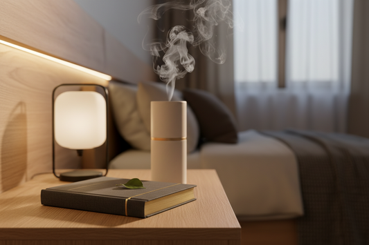 A calming evening nightstand setup featuring a minimalist journal and a sleek ceramic aroma diffuser emitting gentle mist under warm lighting.