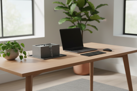 A beautiful, calming desk fountain enhancing a home office workspace, by Bloomnest.