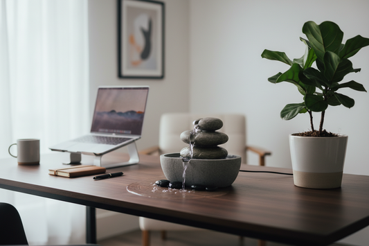 A beautiful, calming desk fountain enhancing a home office workspace, by Bloomnest.
