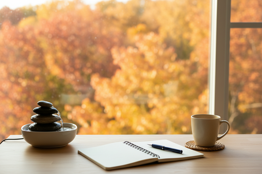 Tabletop water fountain on a home office desk for focus and calm in fall