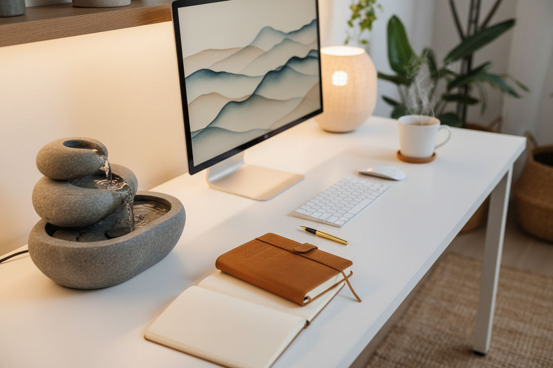 A professional home office focus setup with desk fountains and aroma diffusers, by Bloomnest.