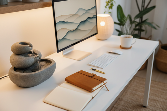 A professional home office focus setup with desk fountains and aroma diffusers, by Bloomnest.