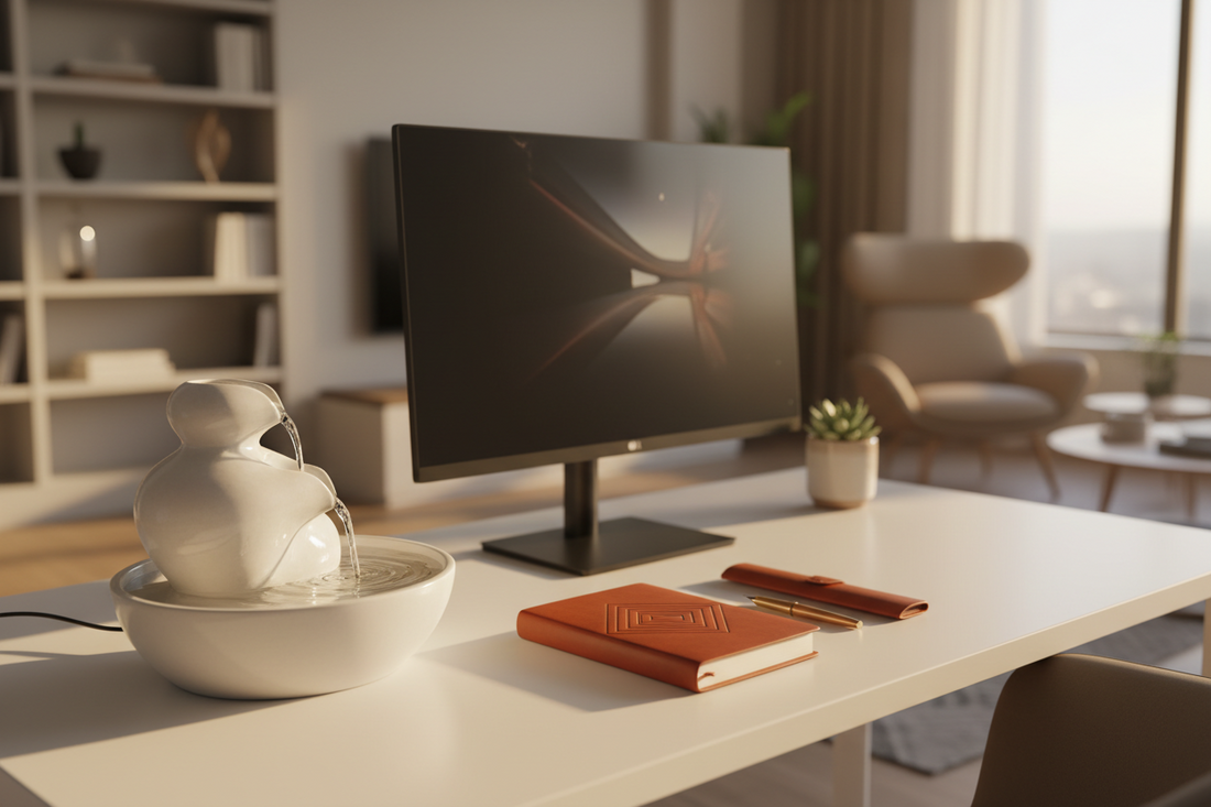 A professional home office focus setup with desk fountains and aroma diffusers, by Bloomnest.