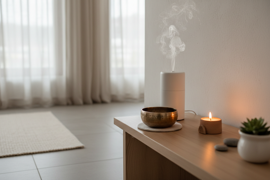 A professional home healing setup with aroma diffusers and singing bowls, by Bloomnest.