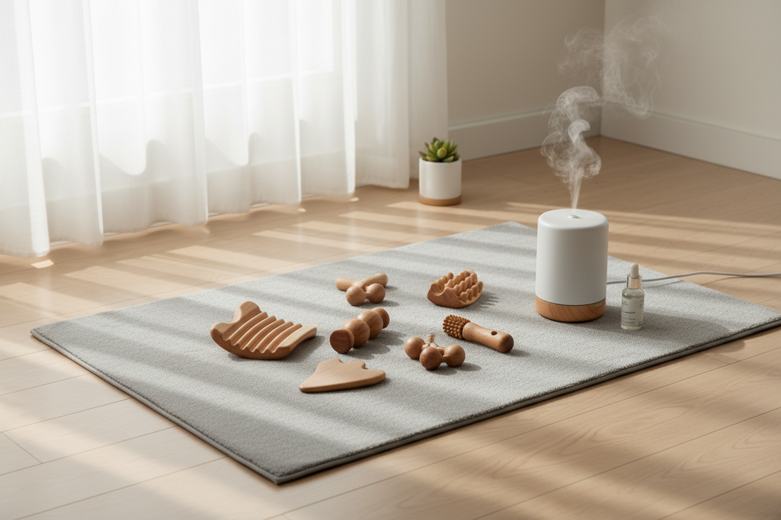 A professional home recovery setup with massage tools and aroma diffusers, by Bloomnest.