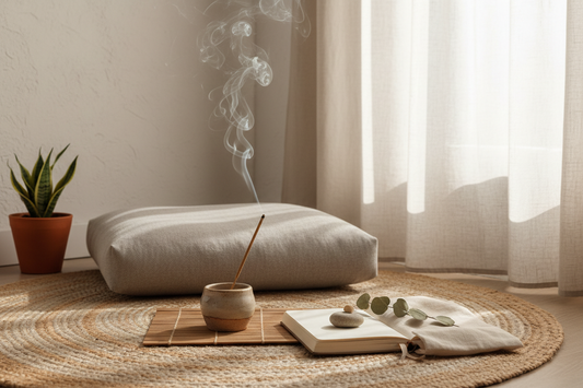 A professional meditation sanctuary setup with incense holders and aroma diffusers, by Bloomnest.